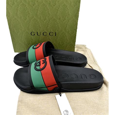 gucci slides web black|gucci interlocking slides.